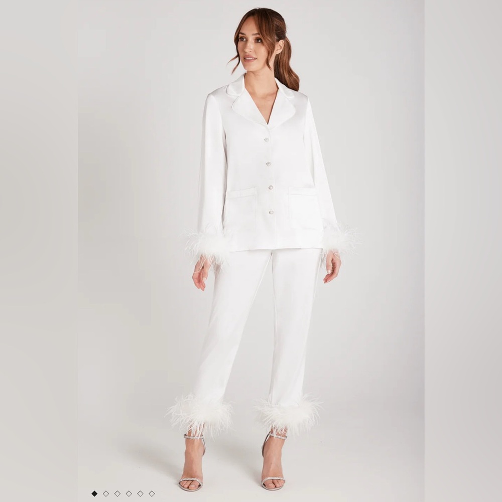 NADINE MERABI White Feather Trim Pajama Set